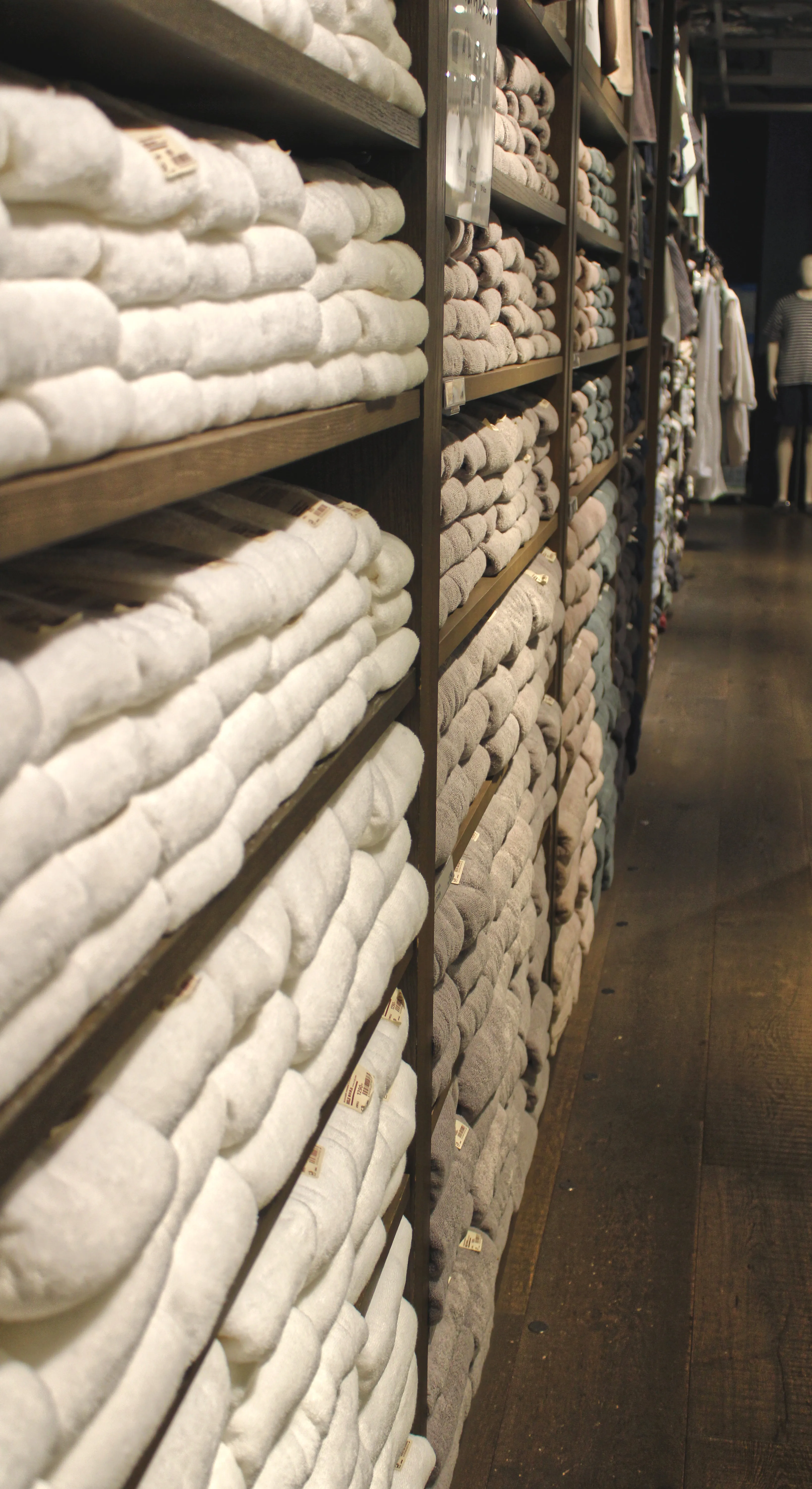 Muji&#x27;s racks of towels from a weird angle